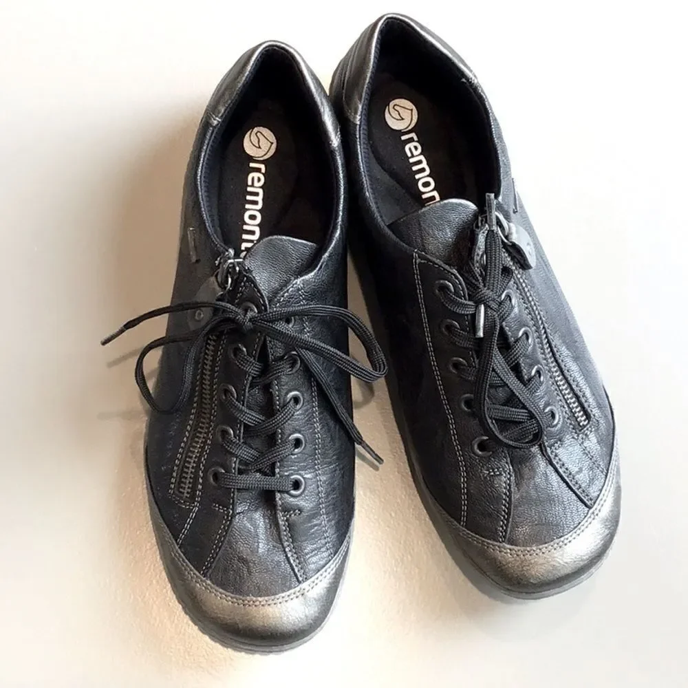 Remonte by Rieker Black Metallic Sheen Leather Zip Side Casual Lace Up Sneakers - Picture 5 of 16